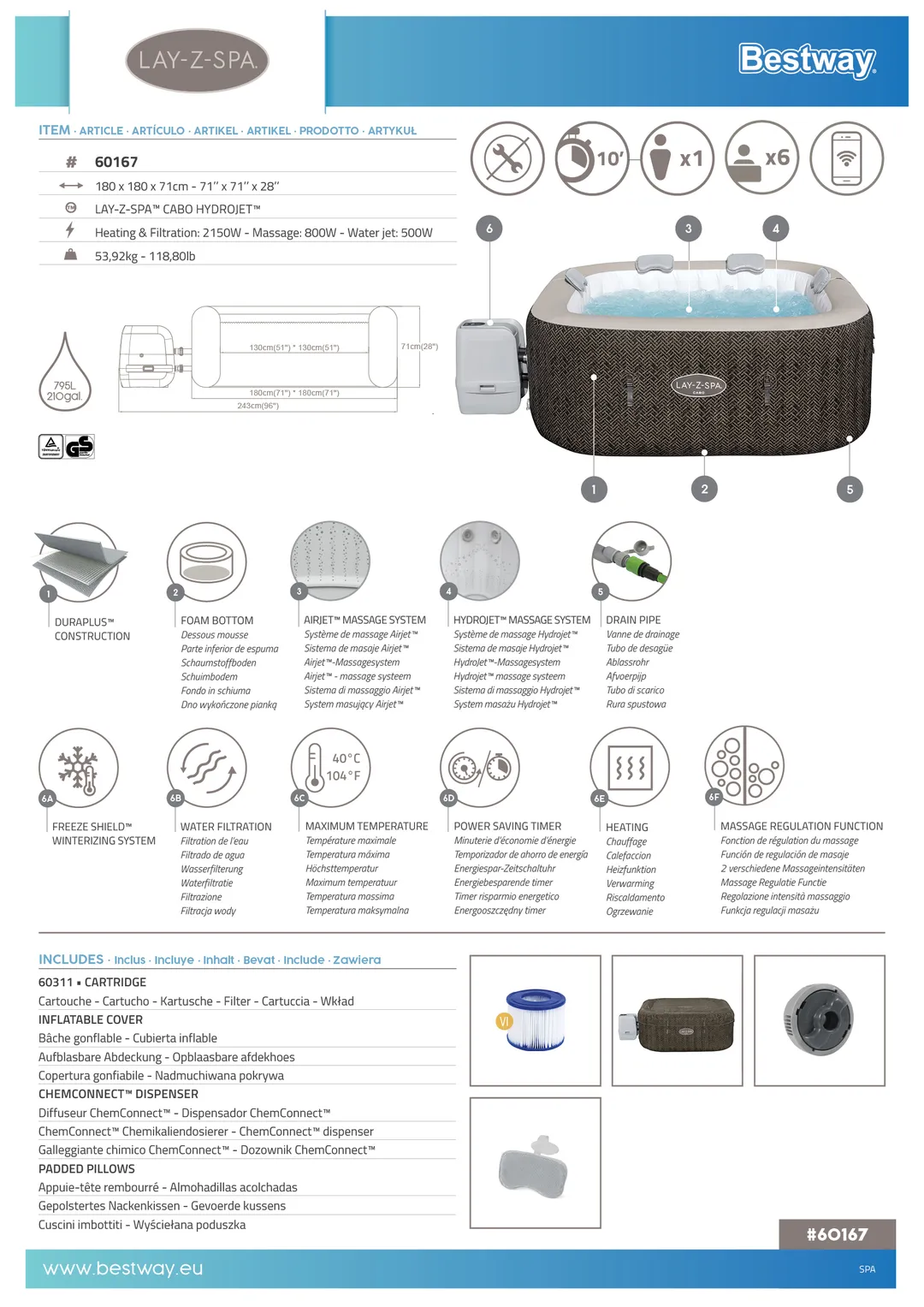 Spa gonflable carré Lay-Z-Spa Cabo Hydrojet™ – Image 6